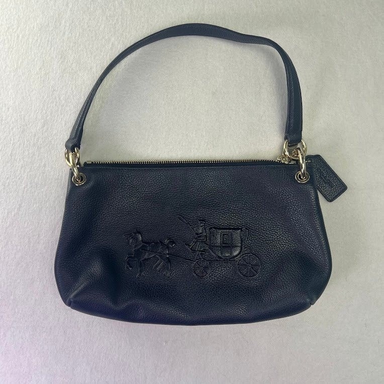 Coach Horse And Carriage Shoulder Bag Women Small Navy Blue Excellent Leather